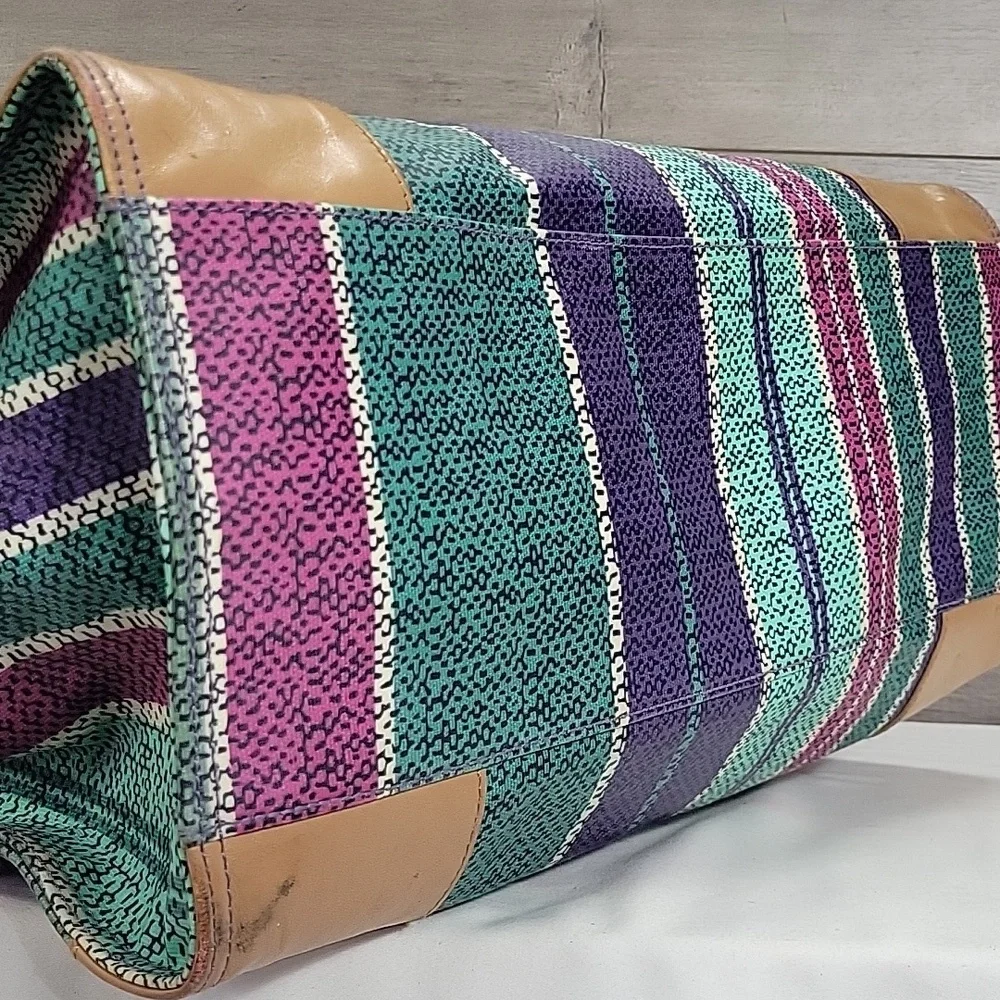 Tory Burch Ella Purple and Green Striped Tote Bag